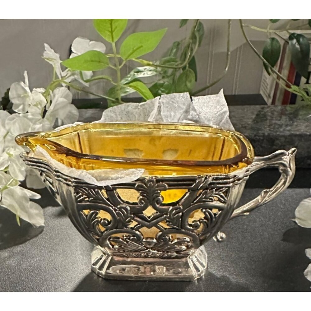 Vintage Godinger Silver Plated Creamer or Gravy Boat W/Amber Glass Insert